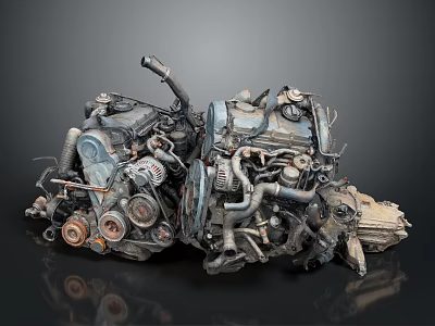 Rusty Old Car Engine Parts With Various Mechanical Components And Metal Gears 3d model