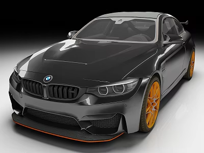 Black Two Door BMW Sports Car With Orange Wheels And Aerodynamic Front Lip 3d model