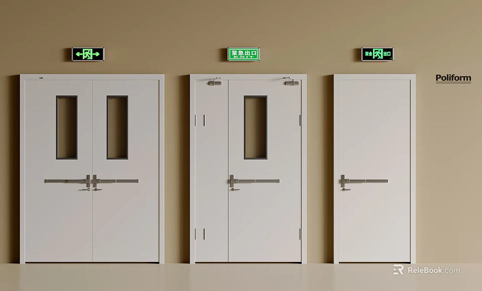 White Swing Doors With Glass Panels And Green Exit Signs In Building Interior 3d model 