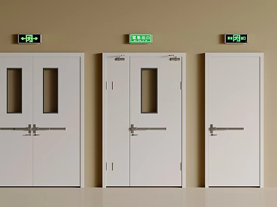 White Swing Doors With Glass Panels And Green Exit Signs In Building Interior 3d model