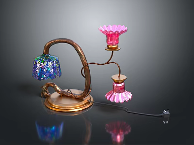 Elegant Lighting Combination With Copper Stand And Colored Glass Shades Design 3d model