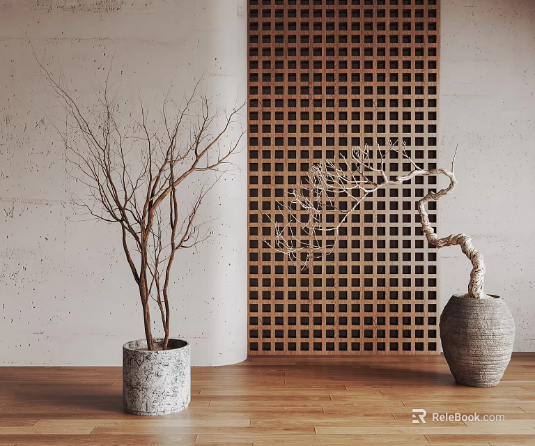 Bonsai Plants In Cement And Clay Pots With Dried Curved Branches By Wooden Lattice Wall 3d model 