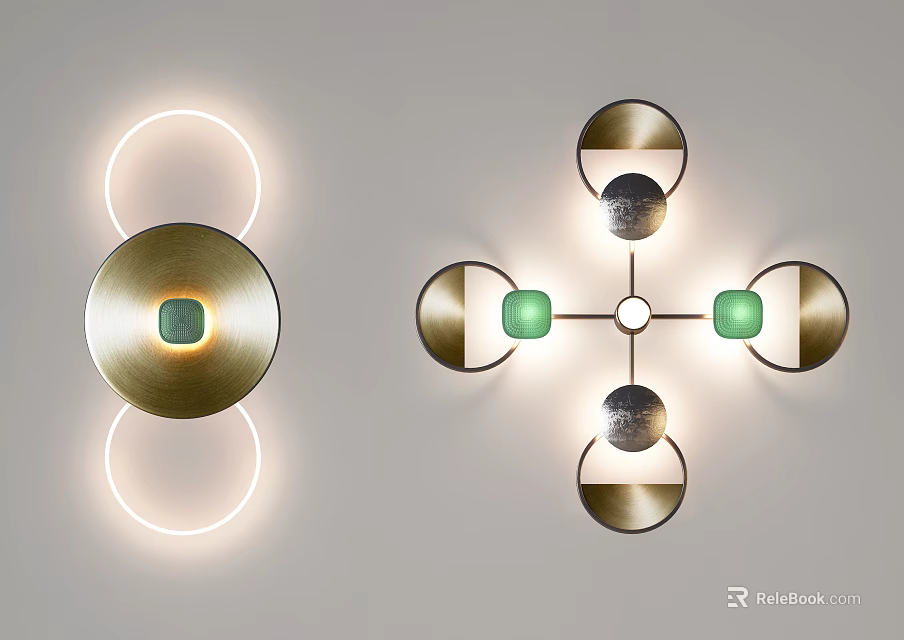 Modern Wall Lamps With Golden Metal Green Accents And Illuminated Circular Cross Designs 3d model 