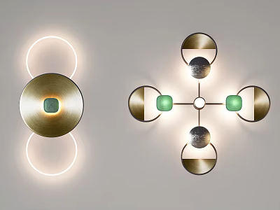 Modern Wall Lamps With Golden Metal Green Accents And Illuminated Circular Cross Designs 3d model