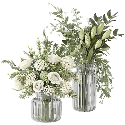 Elegant Transparent Glass Vases With White Flowers And Green Foliage 3d model