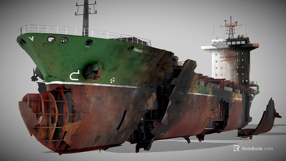 Rusted Green Ship With Damaged Hull And Weathered Exterior Metal Features 3d model 