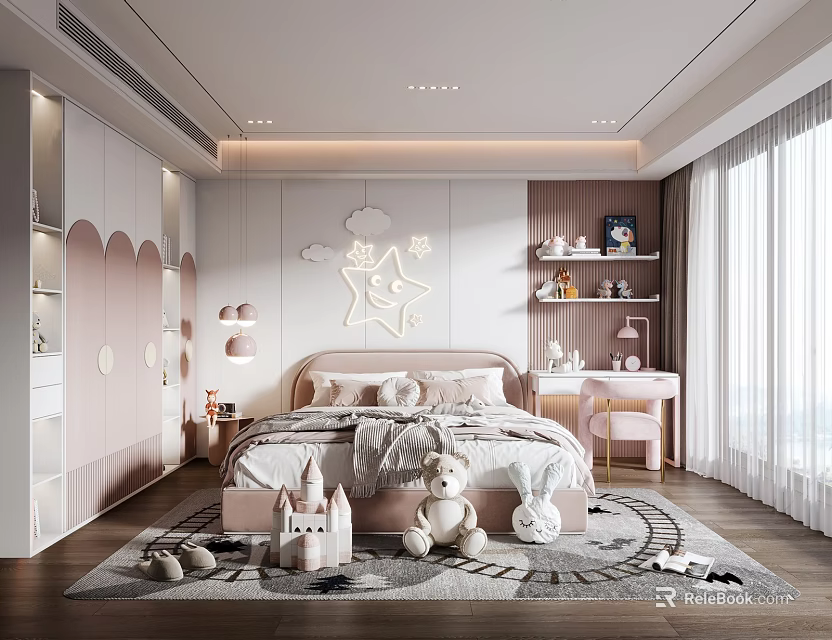 Cozy Pink White Kids Room With Cloud Star Decor Lights Stuffed Toys And Bookshelf 3d model 