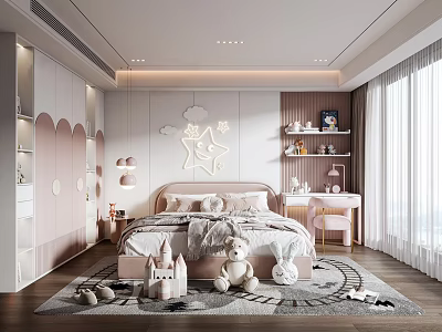 Cozy Pink White Kids Room With Cloud Star Decor Lights Stuffed Toys And Bookshelf 3d model
