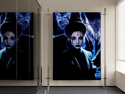 Female Figure With Forehead Pattern Blue Background Poster Hanging In Room With Mirror And Window 3d model