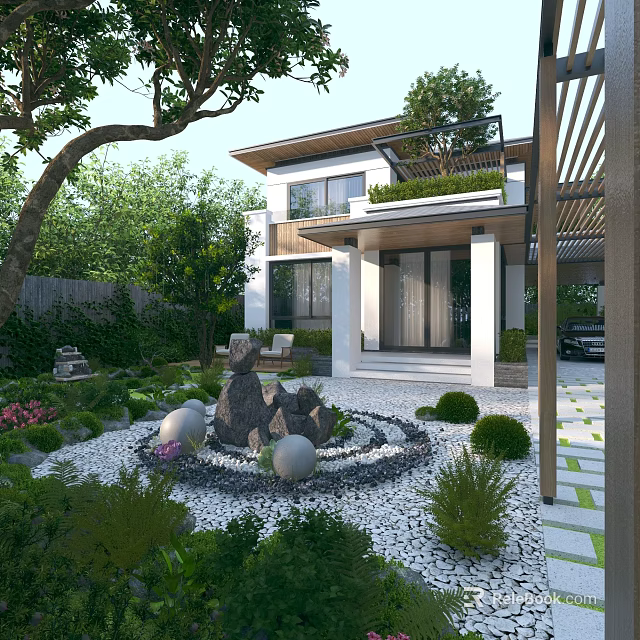 Detached Villa Courtyard Design With Circular Stone Decor And Lush Green Plants 3d model 