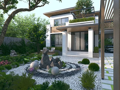Detached Villa Courtyard Design With Circular Stone Decor And Lush Green Plants 3d model