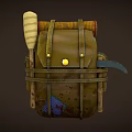 Brown Leather Vintage Backpack With Yellow Buttons Rolled Items Top Wooden Sticks Patched Details
