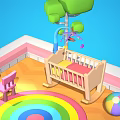 Cartoon Play Area With Teddy Bear Baby Crib Rainbow Rug Small Furniture And Colorful Ball