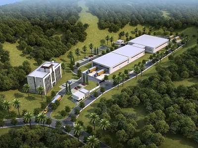 Modern Industrial Factory Building Surrounded by Lush Green Forest With Parking Area And Delivery Trucks 3d model