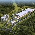 Modern Industrial Factory Building Surrounded by Lush Green Forest With Parking Area And Delivery Trucks