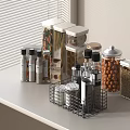 Organized Kitchen Countertop With Spice Jars And Storage Containers Near Window Blinds