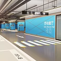 Modern Parking Garage With Blue Pillars White Flooring Directional Arrows And Ceiling Lighting