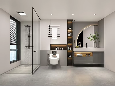 Sleek Modern Neutral Tone Bathroom With Glass Shower Floating Vanity And Built In Ambient Lighting 3d model