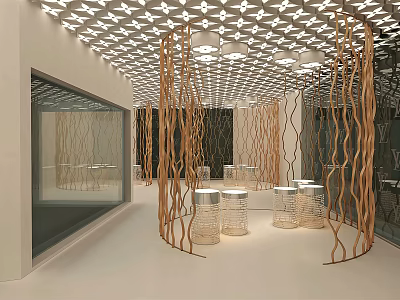 Modern Interior Design With Wavy Wooden Partitions Geometric Ceiling And Transparent Furniture 3d model