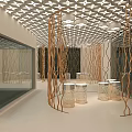Modern Interior Design With Wavy Wooden Partitions Geometric Ceiling And Transparent Furniture