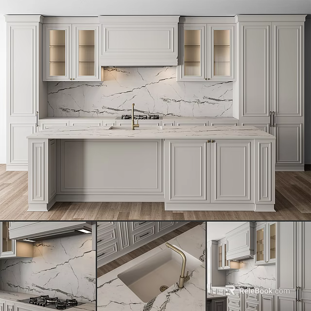Modern White Kitchen Cabinets With Marble Island Countertop And Backsplash Interior 3d model