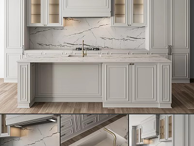 Modern White Kitchen Cabinets With Marble Island Countertop And Backsplash Interior 3d model