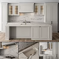 Modern White Kitchen Cabinets With Marble Island Countertop And Backsplash Interior 3d model