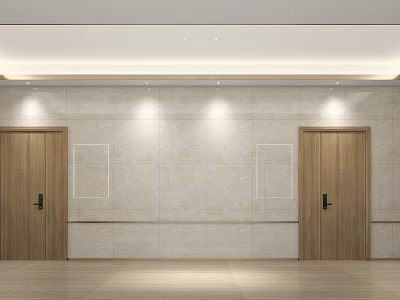 Modern Hotel Lobby With Wooden Doors Beige Tiled Walls And Ceiling Lighting 3d model