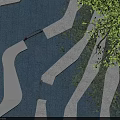 Winding White Pathways In Dark Paved Park Landscape With Green Tree Leaves