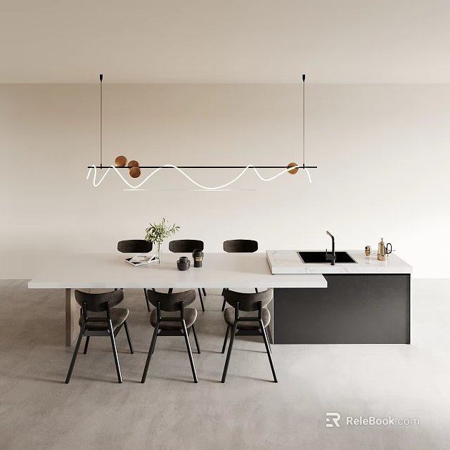 Modern Minimalist Dining Table Set With Black Chairs Pendant Light White Countertop And Sink 3d model 