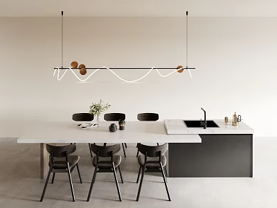 Modern Minimalist Dining Table Set With Black Chairs Pendant Light White Countertop And Sink 3d model