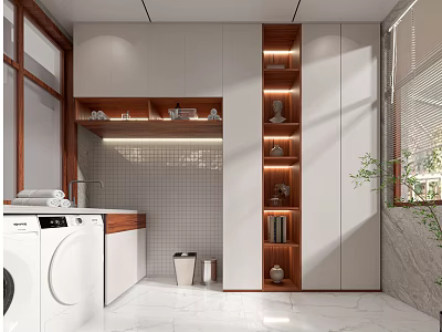 Modern Kitchen Interior With Open Design Wooden Shelves Washing Machine And Cabinets 3d model