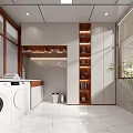 Modern Kitchen Interior With Open Design Wooden Shelves Washing Machine And Cabinets