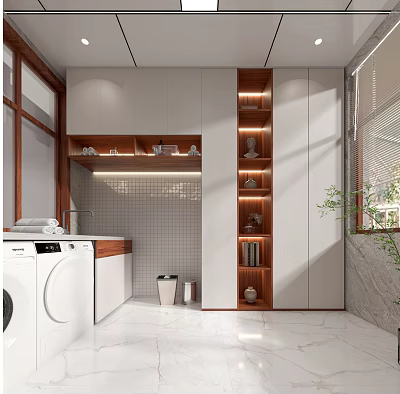 Modern Kitchen Interior With Open Design Wooden Shelves Washing Machine And Cabinets 3d model