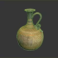 Ancient Style Sculpted Earthenware Jug With Geometric Patterns Yellow Blue Hues And Curved Handle