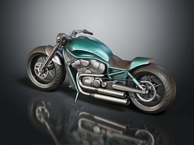 Vintage Teal Cruiser Motorcycle Design Featuring Leather Seat Chrome Exhaust And Reflective Surface 3d model