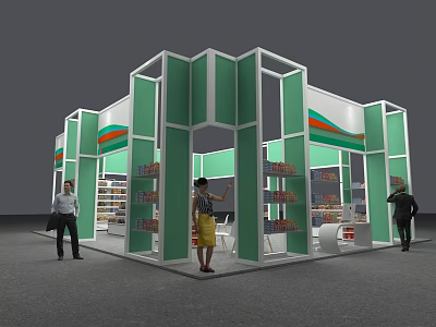 Green And White Geometric Exhibition Booth With Shelves Products And People 3d model