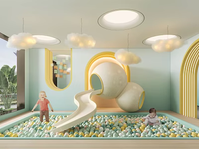 Colorful Children's Playroom with Ball Pit Slide Cloud Pendant Lights Light Blue Walls Arched Doorways and Mirrors 3d model
