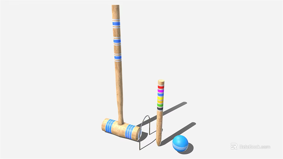 Croquet Sports Equipment Including Wooden Mallet Colored Stake Blue Ball and Wicket 3d model 