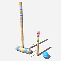 Croquet Sports Equipment Including Wooden Mallet Colored Stake Blue Ball and Wicket