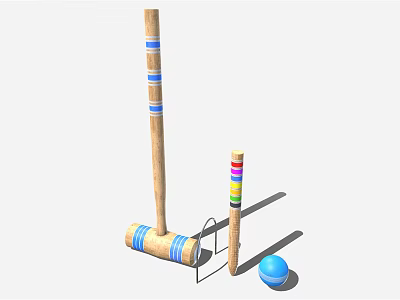 Croquet Sports Equipment Including Wooden Mallet Colored Stake Blue Ball and Wicket 3d model