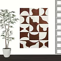 Geometric Pattern Wall Art With Green Plant And White Shelf Decor 3d model