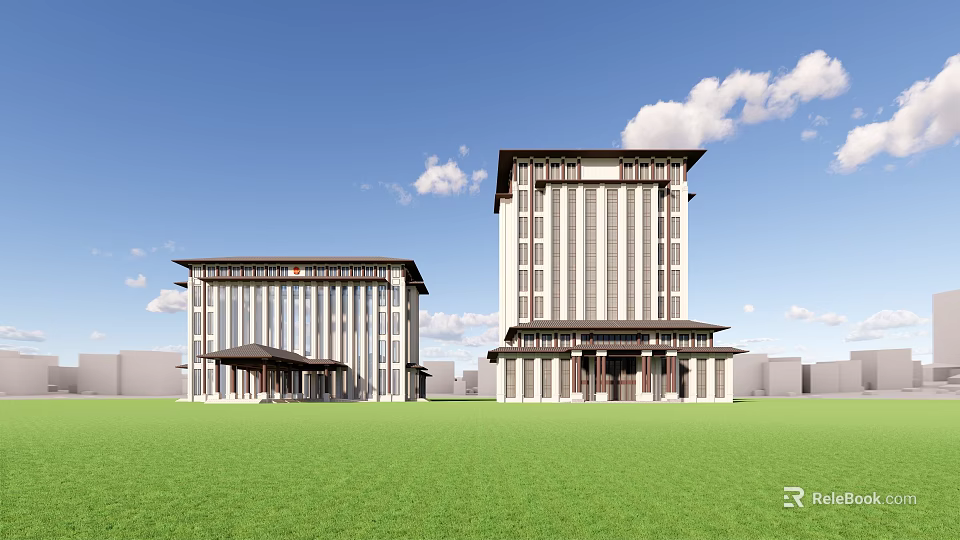 Two Modern Office Buildings With Traditional Style Roof And Green Lawn Under Blue Sky 3d model 