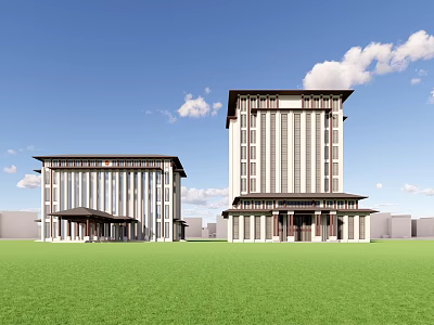 Two Modern Office Buildings With Traditional Style Roof And Green Lawn Under Blue Sky 3d model
