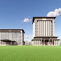 Two Modern Office Buildings With Traditional Style Roof And Green Lawn Under Blue Sky