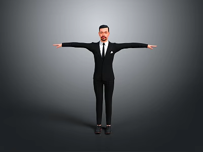 Man in Black Suit Standing with Arms Outstretched Against Grey Background 3d model