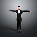 Man in Black Suit Standing with Arms Outstretched Against Grey Background