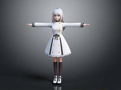 3D Character With Silver White Hair White Dress Black Accents Open Arms Gray Background 3d model