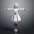 3D Character With Silver White Hair White Dress Black Accents Open Arms Gray Background