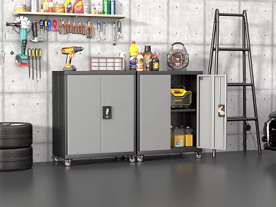 Organized Garage Space With Rolling Grey Cabinet Tools Ladder And Tires 3d model